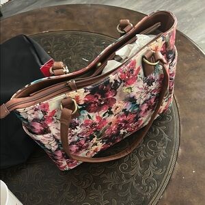 Rosetti Pink and Red Floral Tote Bag with Leather Accents